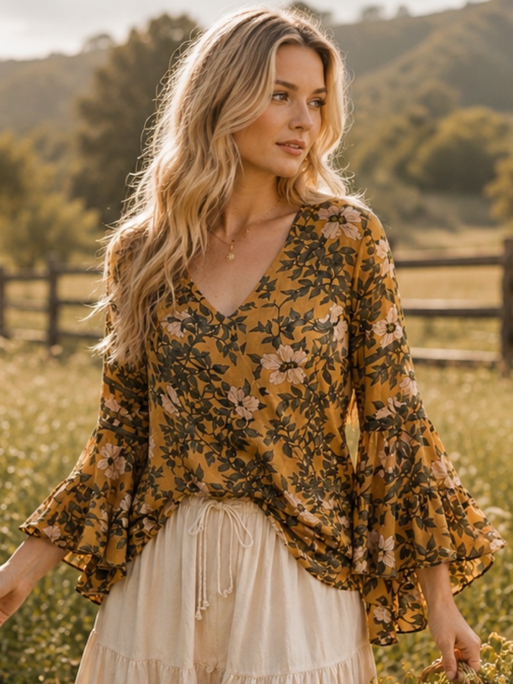 CAbi Mustard Floral V-Neck Bell Sleeve Tunic